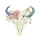 Bull skull with flowers and antlers in a vintage watercolor style.