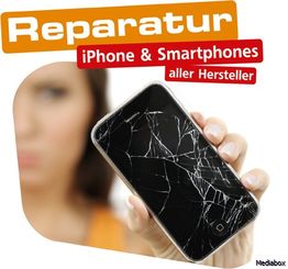 Zerbrochenes Smartphone-Display in einer Hand, Text: "Reparatur iPhone & Smartphones aller Hersteller".