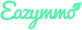 Texte vert "Eazymmo" sur fond transparent avec une feuille au-dessus du "o".