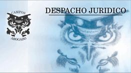 Logo de "Campos Abogado" con diseño de búho y texto "Despacho Jurídico" en fondo azul.