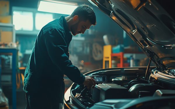 Kfz Mechatroniker überprüft mit einem Multitool den Motor eines Fahrzeuges in seiner Werkstatt.