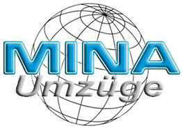 Logo mit Text "MINA Umzüge" vor einem Globus-Hintergrund.