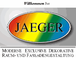 Ovales, farbiges Logo mit "JAEGER" und Text zu Raum- und Fassadengestaltung.
