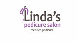 Logo van Linda's pedicure salon met paarse voetafdruk en tekst over medische pedicure.