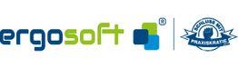 "Ergosoft-Logo mit Slogan 'Schluss mit Praxiskratie' in blau und grün."