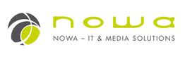 Logo von nowa IT & Media Solutions mit grauen und grünen Elementen, text "nowa - IT & Media Solutions".