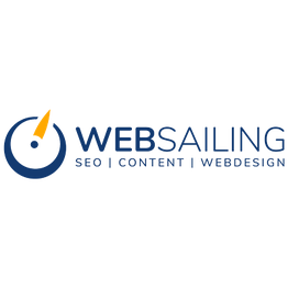 Logo mit Text: "WebSailing - SEO, Content, Webdesign", daneben ein blau-gelbes Symbol.
