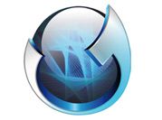 3D-blaues, kugelähnliches Logo mit geometrischen Linien und grauen Details.