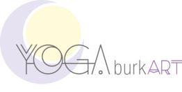 Logo mit Schriftzug "YOGA burkART", pastellfarbiger Halbmond und hellgelber Kreis im Hintergrund.