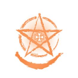 Ein orangefarbenes Pentagramm mit Kreuz in der Mitte, umgeben von einem Halbkreis nach oben.