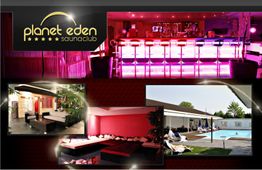 Planet Eden Saunaclub: Barbereich, gemütliche Sitzecken und ein Außenpool mit Liegestühlen.