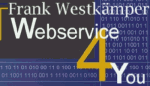 Text-Logo: "Frank Westkämper Webservice 4 You" mit Binärcode-Hintergrund in Blau und Schwarz.