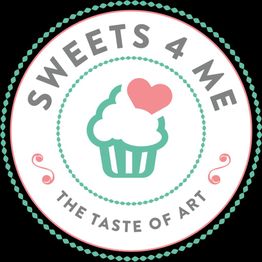 Logo with a cupcake and heart, text "Sweets 4 Me: The Taste of Art" in a circular design.