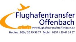 Logo der Flughafentransfer Offenbach, mit Flugzeug- und Autografik, Kontaktdaten unten.