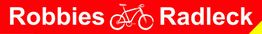 Roter Hintergrund mit weißem Text: "Robbies Radleck" und einem Fahrrad-Icon in der Mitte.