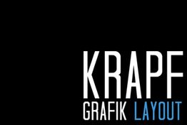Schwarzer Hintergrund, weiße Schrift: "KRAPF GRAFIK", blaues Wort "LAYOUT".