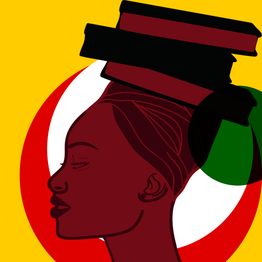 Ilustração de perfil de mulher negra com livros na cabeça, fundo amarelo e círculo vermelho e branco.