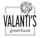 Logo van Valanti's Greek Food met gyros in een wrap en decoratieve kaders.