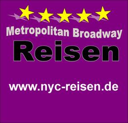 Fünf gelbe Sterne, Text: Metropolitan Broadway Reisen, www.nyc-reisen.de, violetter Hintergrund.