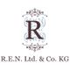 Logo mit stilisiertem "R" und Text "R.E.N. Ltd. & Co. KG" darunter, verziert mit Ornamenten.