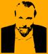 Grafik eines Mannes in Schwarz auf orangefarbenem Hintergrund, Bart und ernste Miene.