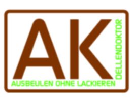 Logo mit den Buchstaben "AK" und Text "Ausbeulen ohne Lackieren" und "Dellendoktor" in Grün.
