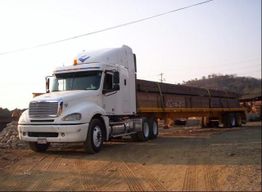 Camión blanco estacionado en un sitio de construcción con carga de vigas largas.