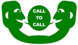 Zwei stilisierte grüne Köpfe, die ein "CALL TO CALL"-Sprechblasen-Logo teilen.
