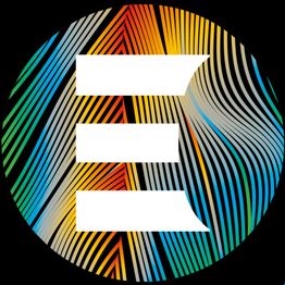 Ein stilisiertes "E" auf buntem, wellenförmigem Hintergrund.