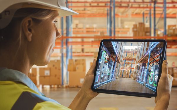 Frau macht mit Tablet eine Inventur in einer Lagerhalle