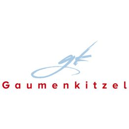 Logo mit dem Schriftzug "Gaumenkitzel" in Rot und blauen Initialen "gk" darüber.