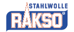 Logo des Stahlwolle-Herstellers RAKSO in Blau und Weiß mit orangefarbenen Akzenten.