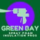 Illustration of spray foam gun with text: "Green Bay Spray Foam Insulation Pros" on green background.
