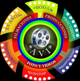 Logo colorido de "AVI" rodeado de texto sobre bodas, eventos, cumpleaños, y más.
