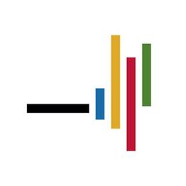 Ein abstraktes Logo mit bunten vertikalen Balken in Schwarz, Blau, Gelb, Rot und Grün.