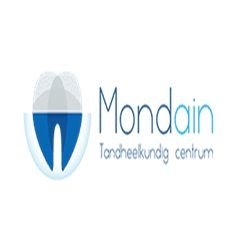 Logo van Mondain Tandheelkundig Centrum, met gestileerde tand en tekst.