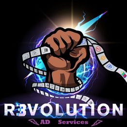 Fist gripping a film reel with electric background, text: "Revolution AD Services."