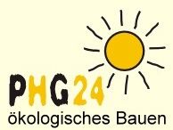 Logo mit gelber Sonne, Text "PHG24" und "ökologisches Bauen" auf hellbeigem Hintergrund.