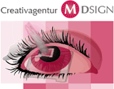 Rotes und schwarzes Auge, umgeben von rosa Mustern. Oben steht "Creativagentur M Design".