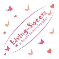 Logo mit Text "Living-Sweets - schenkt Lebensfreude", umgeben von rosa Schmetterlingen und Herzen.