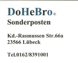 Visitenkarte mit "DoHeBro", Adresse in Lübeck und Telefonnummer.