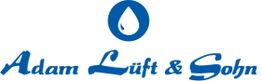 Blaues Logo mit Tropfen und Schriftzug "Adam Luft & Sohn" in geschwungener Schrift.