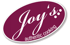 Logo mit lila Oval, Text "Joy's authentic cooking" in weiß.