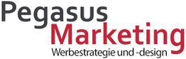 Logo von "Pegasus Marketing" mit Slogan "Werbestrategie und -design" in Schwarz und Rot.