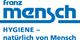 Blaues Logo mit Schriftzügen "franz mensch" und "HYGIENE – natürlich von Mensch".