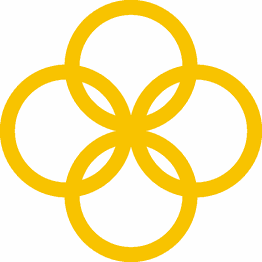 Vier gelbe, sich überschneidende Kreise bilden ein klöverförmiges Muster auf weißem Hintergrund.