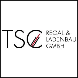 Logo der TSC Regal & Ladenbau GmbH mit stilisiertem "C" bei schwarzem Text auf weißem Hintergrund.