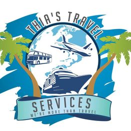 Travel company logo with a globe, plane, bus, ship, and palm trees, saying "We're more than travel".