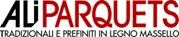 Logo mit Text "ALI PARQUETS. TRADIZIONALI E PREFINITI IN LEGNO MASSELLO" in Schwarz und Rot.