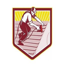 Badge with a roofer using a nail gun on a roof, sun rays in background.